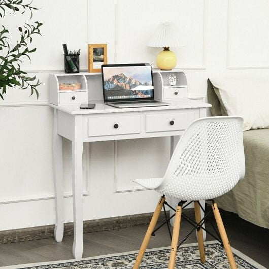 Writing Desk 2-Tier Vanity Desk Computer Desk with 4 Drawers-White-5
