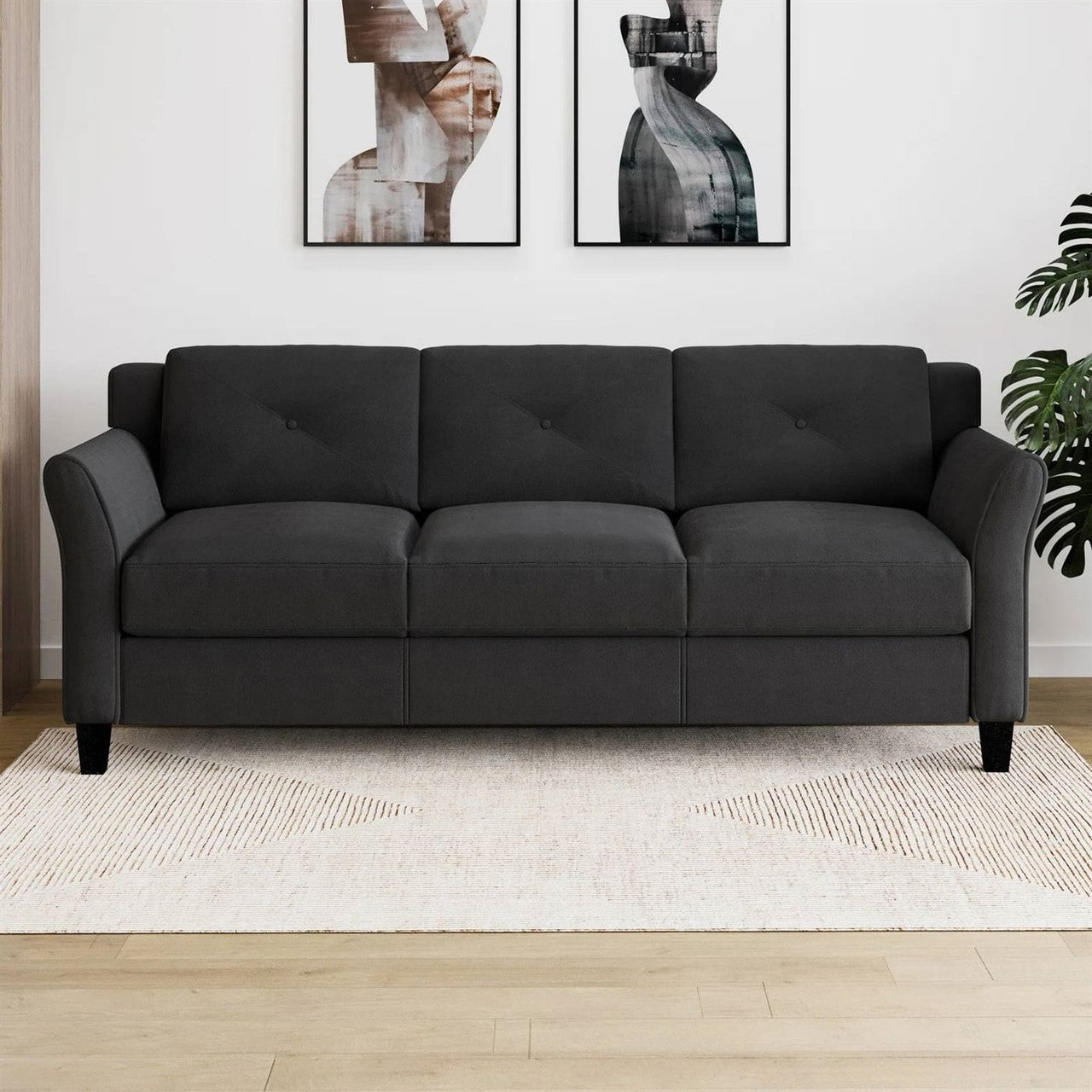 Modern 3-Seater Black Microfiber Upholstered Sofa-2