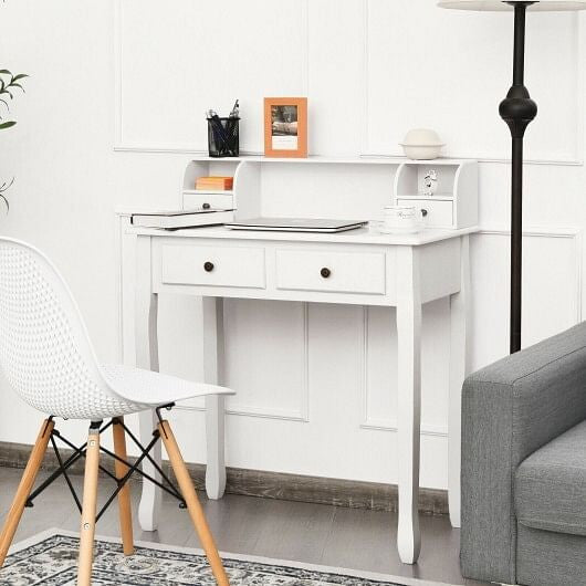 Writing Desk 2-Tier Vanity Desk Computer Desk with 4 Drawers-White-3