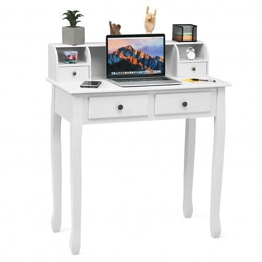 Writing Desk 2-Tier Vanity Desk Computer Desk with 4 Drawers-White-1