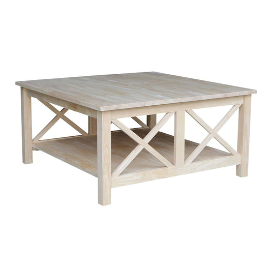 Square Unfinished Solid Wood Coffee Table with Bottom Shelf-0